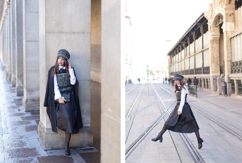 Look blanco y negro con ropa de Marinanto Atelier y gorra Gabardos en el blog de moda increíble pero cierzo. Fotos Kinojam